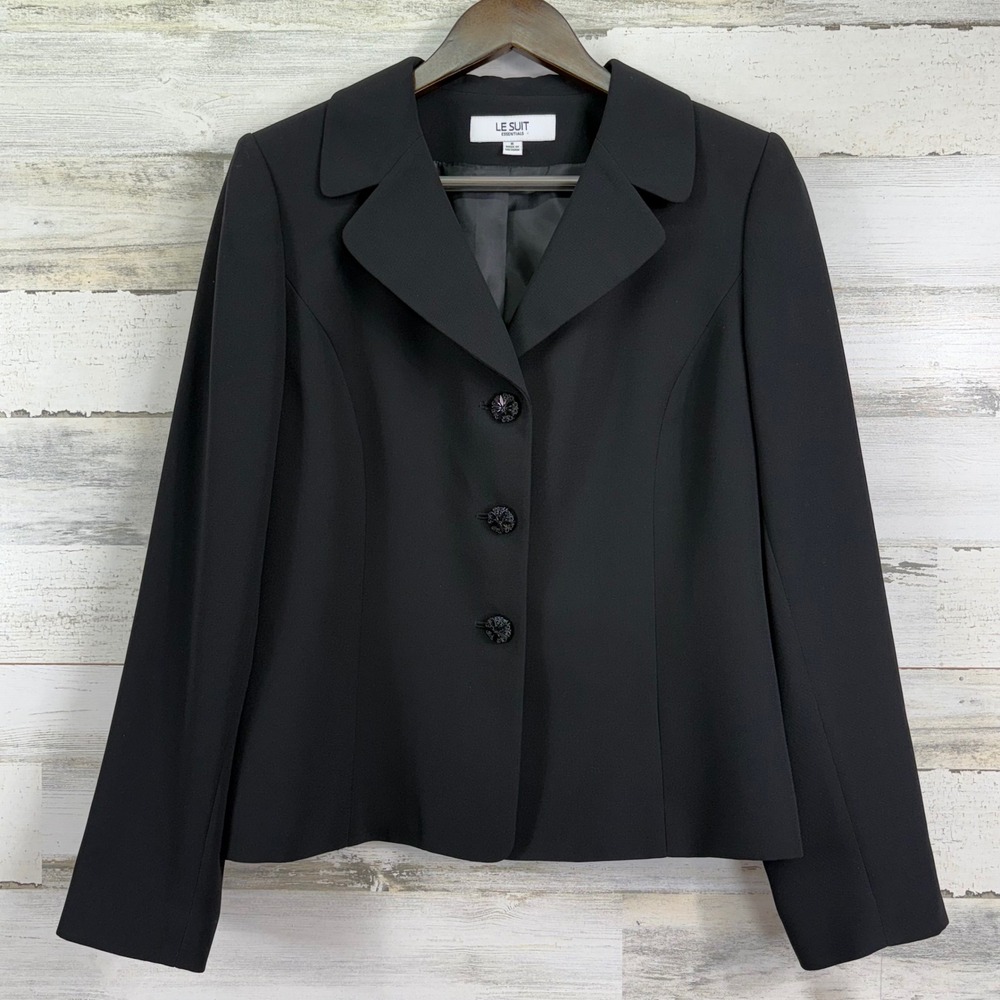 Le Suit Essentials Black Skirt Suit‎ Set Blazer Pleated Hem Size 8 Career